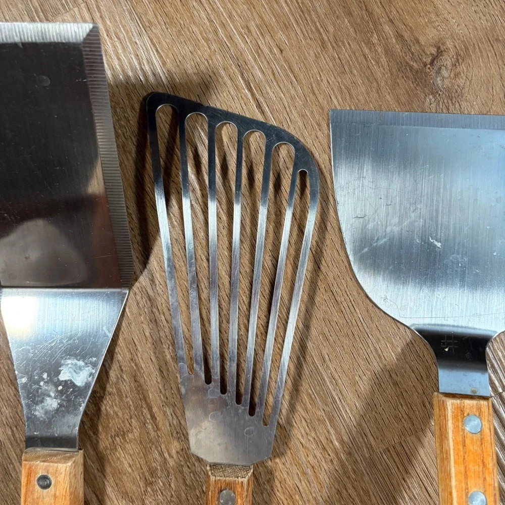Vintage‎ Stainless Steel Spatula Set 3pc Wood Handle Fish Turner Griddle Scraper